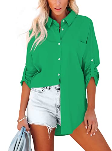 Homlan Bluse Damen Baumwolle Langarm Roll Up Elegant Oberteile Lässige Hemden Knöpfleiste Einfarbig Langarmshirt Tunika Hemdbluse Mit Brusttaschen (Small, Grün) von Homlan