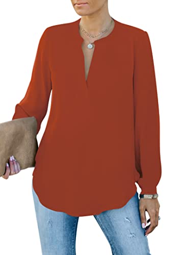 Homlan Damen Bluse Elegant V Ausschnitt Langarm Arbeit Oberteile Casual Tunika Henley Langarmshirt Einfarbig Lose Hemdbluse (8229Medium, Orange) von Homlan