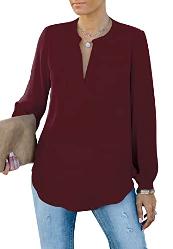 Homlan Damen Bluse Elegant V Ausschnitt Langarm Arbeit Oberteile Casual Tunika Henley Langarmshirt Einfarbig Lose Hemdbluse (8229Medium, Rotwein) von Homlan