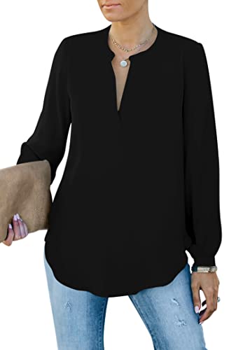 Homlan Damen Bluse Elegant V Ausschnitt Langarm Arbeit Oberteile Casual Tunika Henley Langarmshirt Einfarbig Lose Hemdbluse (8229Medium, Schwarz) von Homlan