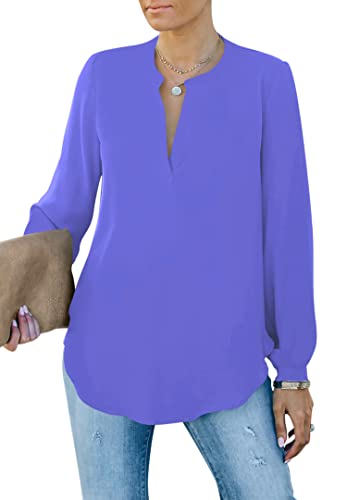 Homlan Damen Bluse Elegant V Ausschnitt Langarm Arbeit Oberteile Casual Tunika Henley Langarmshirt Einfarbig Lose Hemdbluse (8229Medium, Violettblau) von Homlan