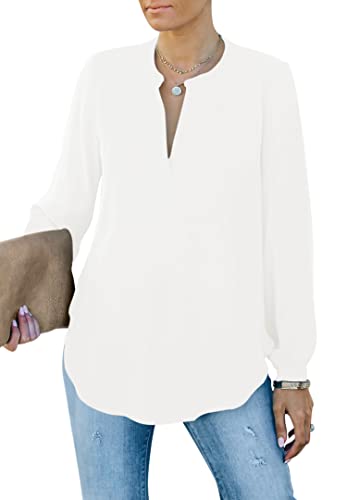 Homlan Damen Bluse Elegant V Ausschnitt Langarm Arbeit Oberteile Casual Tunika Henley Langarmshirt Einfarbig Lose Hemdbluse (8229Small, Weiß) von Homlan