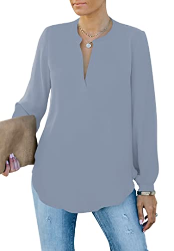 Homlan Damen Bluse Elegant V Ausschnitt Langarm Arbeit Oberteile Casual Tunika Henley Langarmshirt Einfarbig Lose Hemdbluse (8229XX-Large, Grau) von Homlan