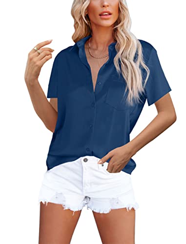 Homlan Damen Bluse Elegant V-Ausschnitt Satin Kurzarm Casual Oberteile Locker Hemd Einfarbig Lose Kurzarmshirt Mit Brusttasche (8228XX-Large, Blau) von Homlan