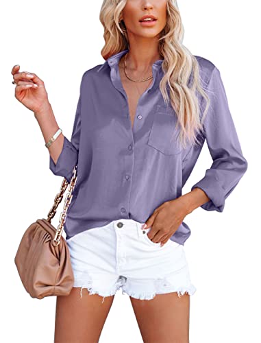 Homlan Damen Bluse Elegant V-Ausschnitt Satin Langarm Casual Oberteile Locker Hemd Einfarbig Lose Langarmshirt Mit Brusttasche (Medium, Violett) von Homlan