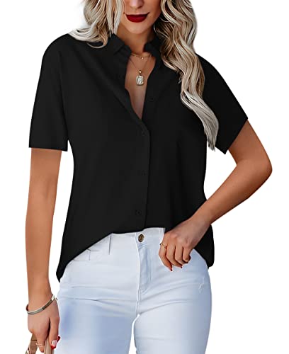 Homlan Damen Bluse V-Ausschnitt Hemd Kurzarm Elegant Lässige Oberteile Knopfleiste Hemdbluse Arbeit Einfarbig Kurzarm Shirt mit Brusttaschen (Large, Schwarz) von Homlan