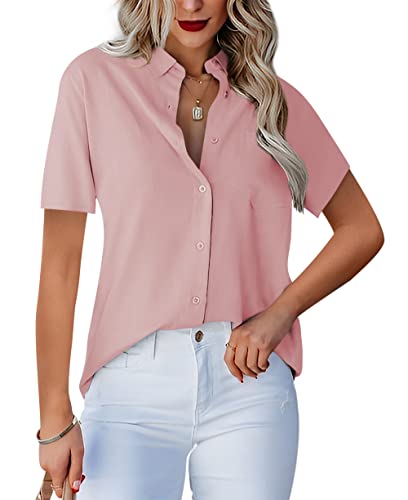 Homlan Damen Bluse V-Ausschnitt Hemd Kurzarm Elegant Lässige Oberteile Knopfleiste Hemdbluse Arbeit Einfarbig Kurzarm Shirt mit Brusttaschen (Small, Rosa) von Homlan