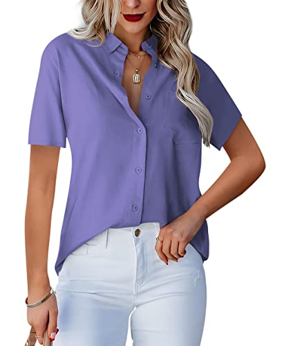 Homlan Damen Bluse V-Ausschnitt Hemd Kurzarm Elegant Lässige Oberteile Knopfleiste Hemdbluse Arbeit Einfarbig Kurzarm Shirt mit Brusttaschen (Small, Violett) von Homlan