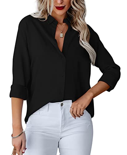 Homlan Damen Bluse V-Ausschnitt Hemd Langarm Elegant Lässige Oberteile Knopfleiste Hemdbluse Arbeit Einfarbig Langarmshirt mit Brusttaschen (Medium, Schwarz) von Homlan