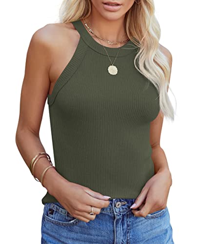 Homlan Damen Neckholder Ärmellose Tank Tops Racerback Rundhals Basic Slim Fit Shirts Elegant Oberteile Ribbed Knit Cami Top Sexy (Large, Armeegrün) von Homlan