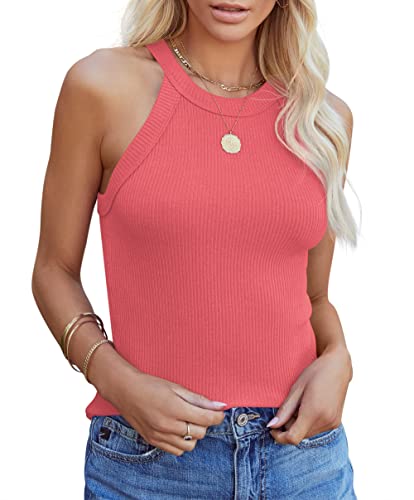 Homlan Damen Neckholder Ärmellose Tank Tops Racerback Rundhals Basic Slim Fit Shirts Elegant Oberteile Ribbed Knit Cami Top Sexy (Large, Wassermelone Rot) von Homlan