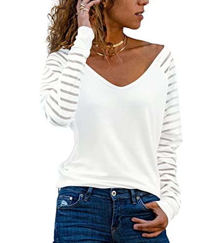 Homlan Damen Streifenshirt Langarm V Ausschnitt Mesh Oberteil Lose Bluse Elegant T-Shirt Casual Tunika Tops (Small, Weiß) von Homlan