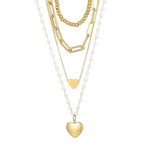 Homxi Damen Gold Halskette mit Anhänger,Anhänger Kette Edelstahl Damen Mehrschichtig mit Herz Anhänger Halskette Gold von Homxi