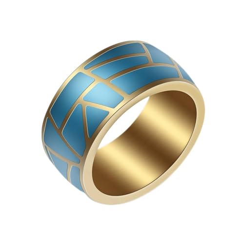 Homxi Damen Ringe Edelstahl mit Gravur,9.6MM Rund Geometrisch Muster Damen Ring Gold Blau Ring Damen Große 65 (20.7) von Homxi