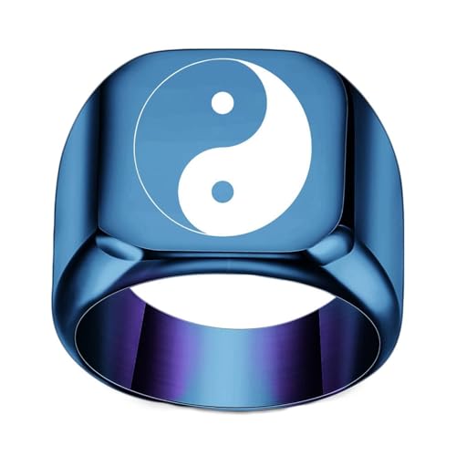 Homxi Edelstahlring Damen mit Gravur,18MM Yin Yang Muster Ring Blau für Damen Herrenring Größe 52 (16.6) von Homxi