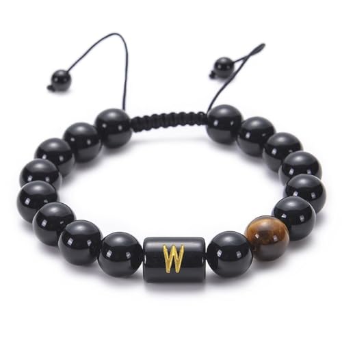 Homxi Frauen Männer Chakra Armband Naturstein,Beads Armband Damen 10MM Perlen mit Buchstabe W Onyx Perlenarmband Herren Schwarz von Homxi