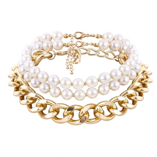 Homxi Gold Halskette Frauen,Halsketten Legierung 3-Lagige Kette mit Perlen Halskette Gold von Homxi