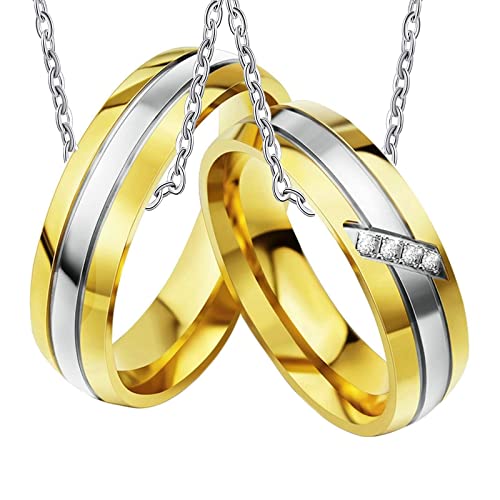 Homxi Partner Ringe Kette,Halskette Edelstahl für Anhänger Trauringe mit Gravur Gold Silber Ring mit 6MM Rund Weiß Zirkonia Herren Kette 60cm Halskette 50cm Damen von Homxi