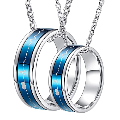 Homxi Partnerringe mit Kette,Rings Edelstahl 1 Paar Verlobungsringe 7MM Blau Ring mit Herzschlag Damen Kette 50cm Halskette 60cm Herren von Homxi