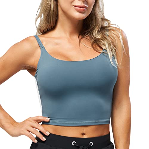 HomyComy Damen Crop Tank Tops mit Spaghetti Träger Ärmelloses Gepolsterte Sport-BHS Longline Sport Bra Sommer Tops Blau L von HomyComy