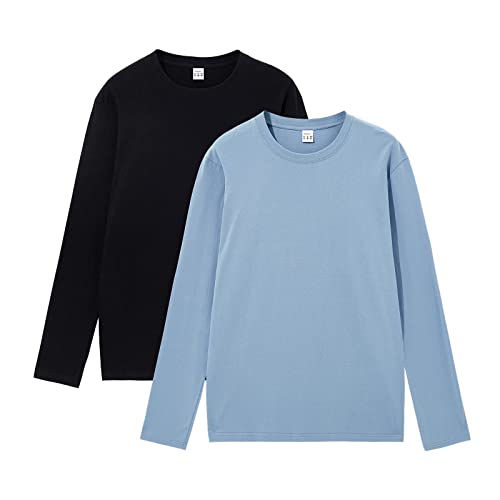 HomyComy Herren Langarmshirt mit Rundhalsausschnitt aus 100% Baumwolle Long Sleeve T-Shirts 2er Pack Schwarz/Blau L von HomyComy