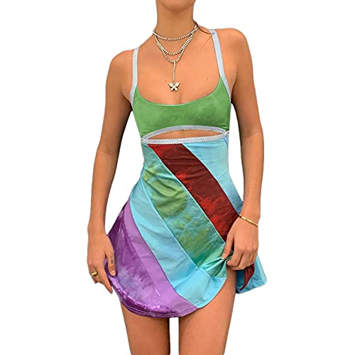 Damen Vintage Print Halbschiere Etuikleid 2004er Mode Bodycon Mini Slip Kleid Retro Bandana Print Tailliertes Trägerkleid, Grün , Mittel von Honganda