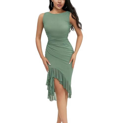 Honganda Damen Elegant Bodycon Midi Kleid Ärmellos Mesh Rüschen Saum Meerjungfrau Schwanz Sommer Tank Kleid Cocktail Party, Grün , Klein von Honganda