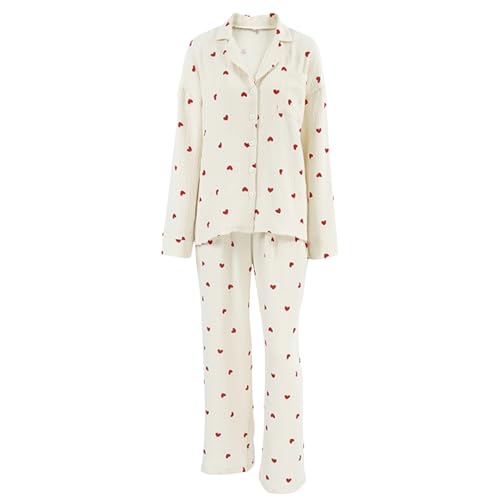 Damen Süße Niedliche Baumwolle Herz Print Langarm Button Down Shirt Weite Bein Hosen Pyjama Sets von Hongsuny