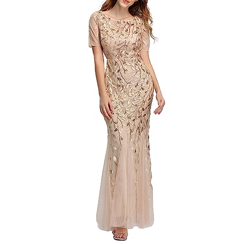 Hongsuny Damen Elegante Illusion Pailletten Stickerei Meerjungfrau Kurzarm Abend Party Maxi Kleider von Hongsuny