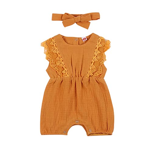 Hongyuangl Sommer Strampler Shorts, Baby Mädchen Body aus Baumwolle und Leinen Einteiler Jumpsuit Shorts + Stirnband (12-24 Monate, Gelb) von Hongyuangl