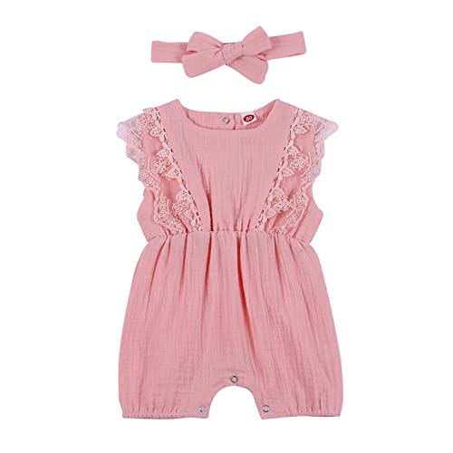 Hongyuangl Sommer Strampler Shorts, Baby Mädchen Body aus Baumwolle und Leinen Einteiler Jumpsuit Shorts + Stirnband (3-6 Monate, Rosa) von Hongyuangl