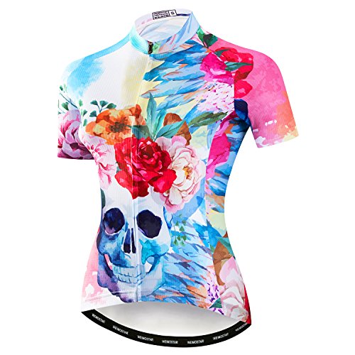 Damen Radfahren Jersey Kurzarm Bike Shirt Mädchen MTB Fahrrad Kleidung Atmungsaktiv Skull Rose Größe XL von Hotlion