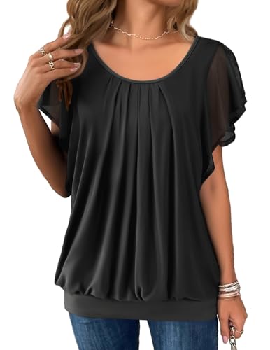 Hotouch Damen Fledermaus Shirt Sommer Flatter Kurzarm Bluse Elegant Falten Flowy Oberteile Doppellagig Sommerbluse Hotouch Damen Fledermaus Shirt Sommer Flatter Kurzarm Bluse Elegant Falten Flowy Oberteile Doppellagig Sommerbluse von Hotouch