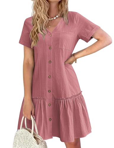 Hotouch Leinen Sommerkleid Damen Elegant Blusenkleid Button Down Minikleid Kurzärm Strandkleid V-Ausschnitt Hemdkleid Rosa XL Hotouch Leinen Sommerkleid Damen Elegant Blusenkleid Button Down Minikleid Kurzärm Strandkleid V-Ausschnitt Hemdkleid Rosa XL von Hotouch
