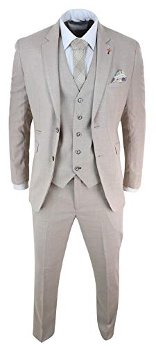 Cavani Herrenanzug 3 Teilig Beige Creme Leinen 2 Knopf Design Tailored Fit Klassisch von Cavani