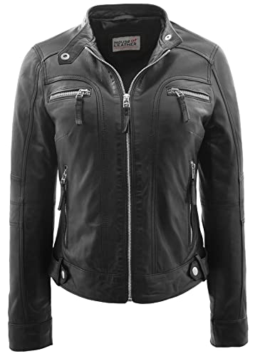 House of Leather Damen-Bikerjacke aus echtem Leder im lässigen Stil von Annie Schwarz (36) von House of Leather