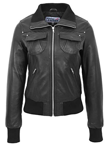 House of Leather Damen Echtes Leder Bomber Jacke Slim Fit Blouson Motto Schwarz 46 von House of Leather