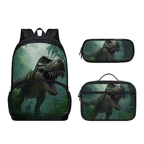 Howilath 3D-Schultertasche, niedliches Kätzchen, 3er-Pack, Doppel-Schultertasche, Thermo-Lunchtasche und Stifttasche, bezauberndes Katzen-Set für Teenager, Dinosaurier, Lässiger Tagesrucksack von Howilath