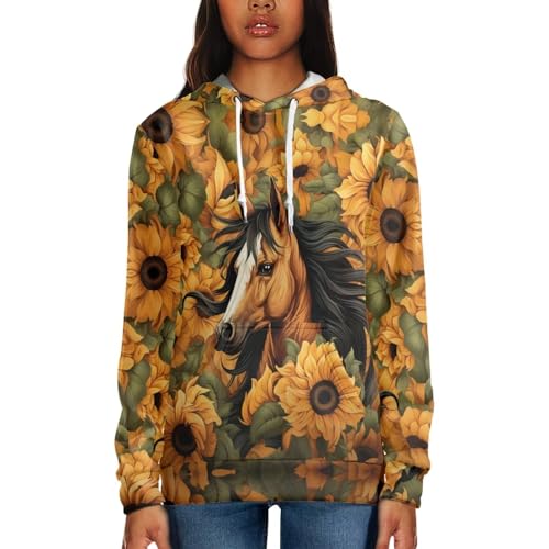 Howilath Damen Plus Size Hoodies Tops, Colorful Splash Galaxy Hoody Tie-Dye Puppy Dogs Langarm Shirts Herbst Tunika Tops, Pferde Sonnenblume Floral, 38 von Howilath