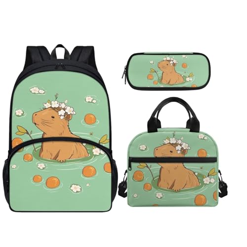 Howilath Kinder-Rucksäcke für Elementary Lunchbox-Set und Federmäppchen, 3-in-1, Grünes Capybara von Howilath