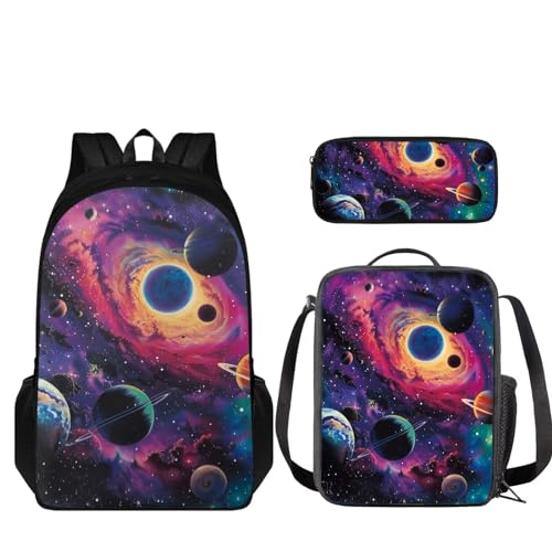 Howilath Kinder-Schulrucksack mit Lunchbox, Federmäppchen, für Alter 8–12, 3-in-1, Sonnensystem Planet von Howilath