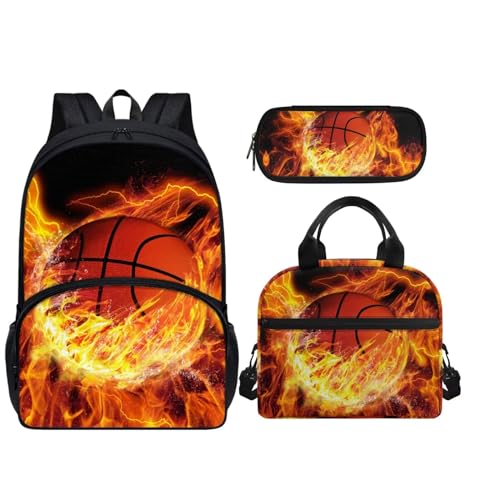 Howilath Lunchbox und Rucksack und Federmäppchen für Kinder, Mädchen, leicht, lässiger Tagesrucksack, Basketball von Howilath