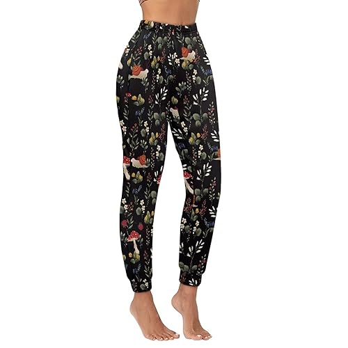 Howilath Pilz-Schlafhose für Damen, Blumen-Pyjamahose, Blumenmuster, schwarz, bequeme Yogahose, leichte Sporthose, Pilz Schnecke Farn Salbei, 52 von Howilath