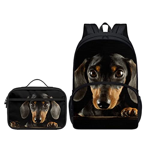 Howilath Planet Star Sky Schwarz 2 Stück / Set Doppel-Schultertasche + Mahlzeitenhalter für Kinder Jungen Mädchen Schulanfang Geschenke, Dackel Hund, Lässiger Tagesrucksack von Howilath