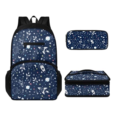 Howilath Rucksack-Set für Damen, Herren, Kinder, lässig, Leinen, Reisen, Tagesrucksack, Thermo, tragbar, Mahlzeitenbehälter, Tragetasche, Stifteetui, 3-in-1, Rakete, Tagesrucksäcke von Howilath