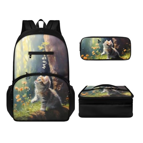 Howilath Rucksack-Set für Damen, Herren, Kinder, lässig, Leinen, Reisen, Tagesrucksack, Thermo, tragbar, Mahlzeitenbehälter, Tragetasche, Stifteetui, 3-in-1, katze, Tagesrucksäcke von Howilath