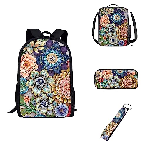 Howilath Schwarzer Tagesrucksack mit Totenkopf-Motiv, Rosen-Blume, Lunch-Etui, Stifttasche, Auto-Schlüsselanhänger, für Kinder, Jungen, Mädchen, Geschenke zum Schulanfang, Mandala-Blume, Lässiger Tagesrucksack von Howilath