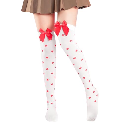 Hpbaggy Overknees Strümpfe Damen,mit Schleife und Verzierung mit Herzen,Sexy Halterlose Strümpfe,Schulmädchen Outfit Frau,Kniestrümpfe für Valentinstag Mottoparty Karneval Weihnachten von Hpbaggy