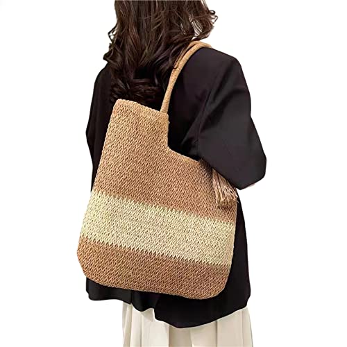 Frauen Strohbag Summer Beach Bag große Kapazitätsbeutel Einkaufstasche Handtasche hellbraune obere Grifftaschen von Hperu