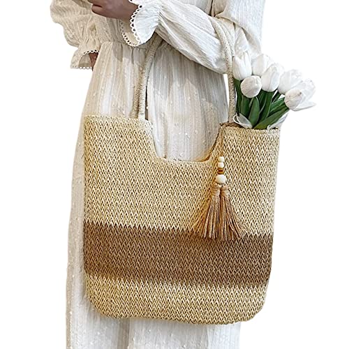Hperu Frauen Strohbeutel Sommer Strandtasche große Kapazitätsbeutel Einkaufstasche Handtasche Beige Top-Griff-Taschen von Hperu